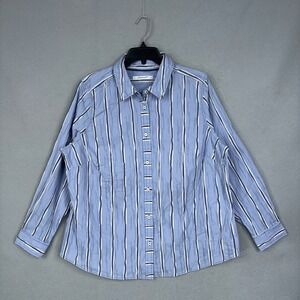 Foxcroft Button Up Women 14W Blue Striped Textured Long Sleeve Classic Workwear